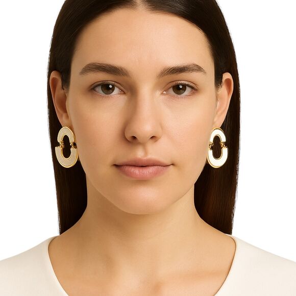 NEW Chico's Mother of Pearl Earrings White & Gold Trim Semi Circles 1.5 in drop - Picture 2 of 10